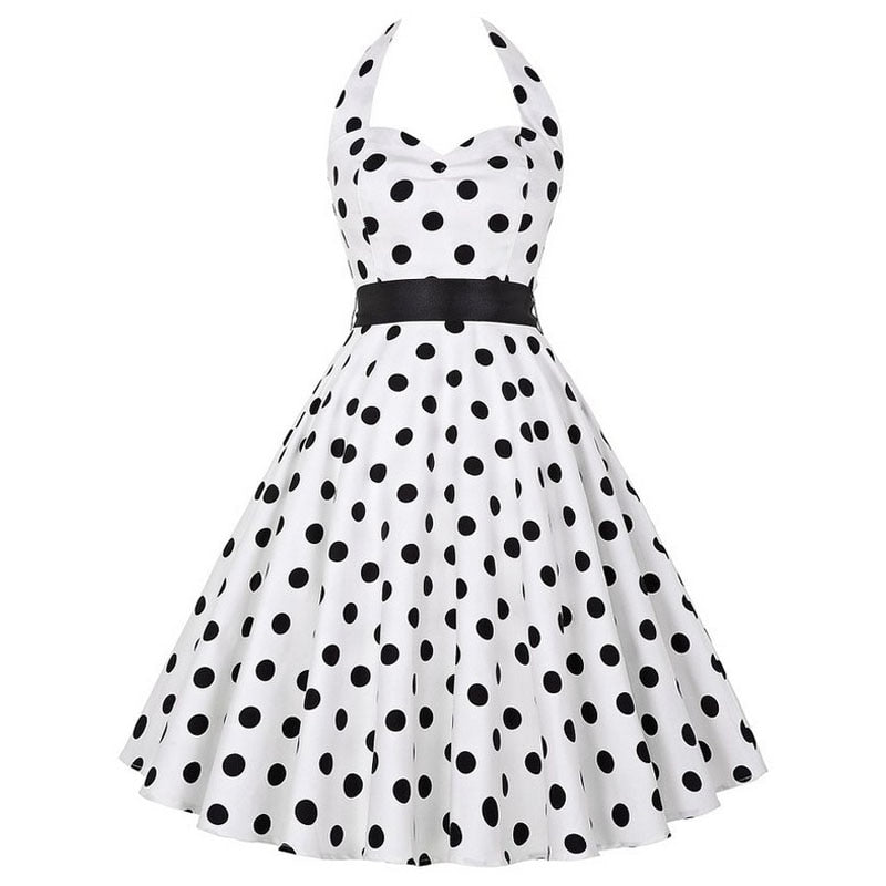 Going out Vintage A Line Dress - Polka Dot Halter Neck