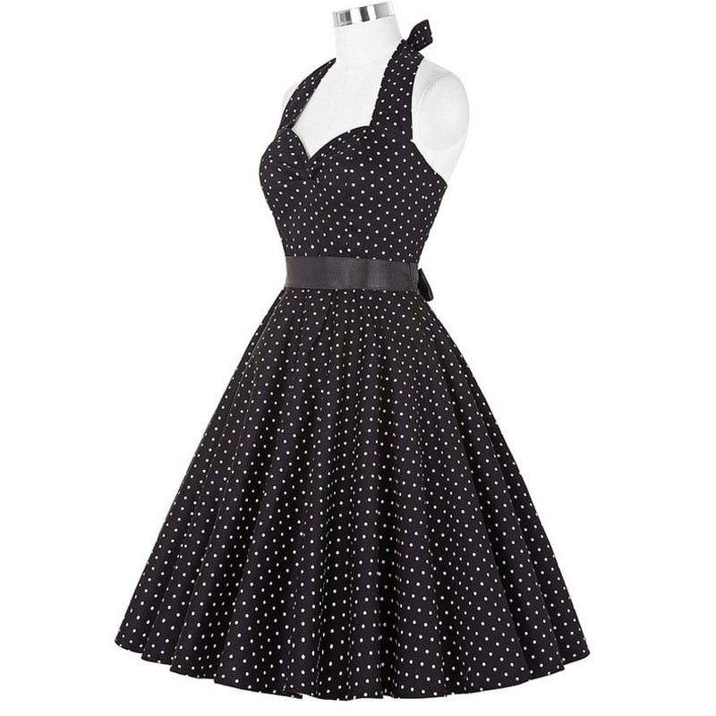 Going out Vintage A Line Dress - Polka Dot Halter Neck