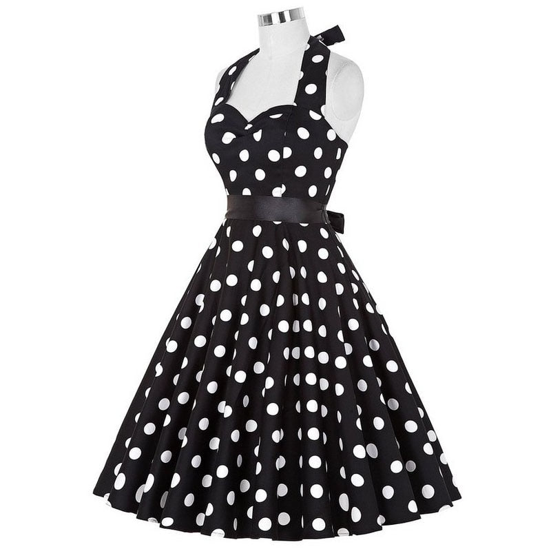 Going out Vintage A Line Dress - Polka Dot Halter Neck