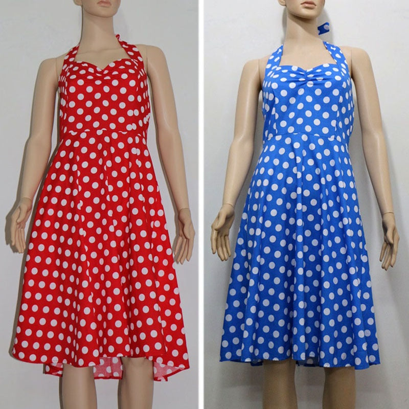 Going out Vintage A Line Dress - Polka Dot Halter Neck