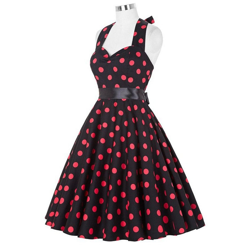 Going out Vintage A Line Dress - Polka Dot Halter Neck