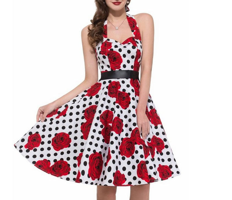 Going out Vintage A Line Dress - Polka Dot Halter Neck