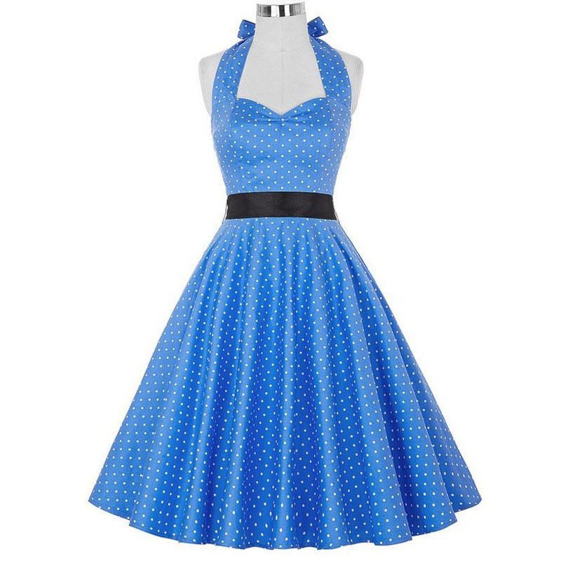 Going out Vintage A Line Dress - Polka Dot Halter Neck