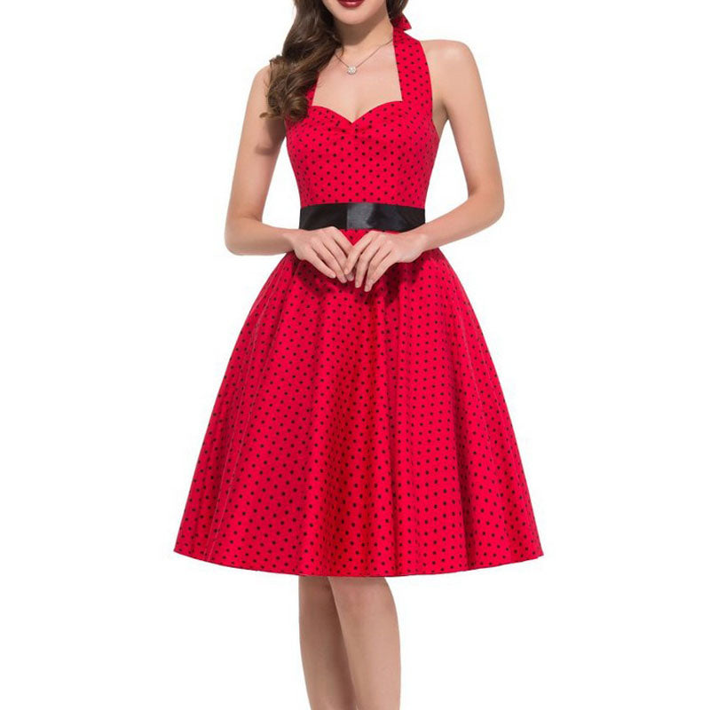 Going out Vintage A Line Dress - Polka Dot Halter Neck