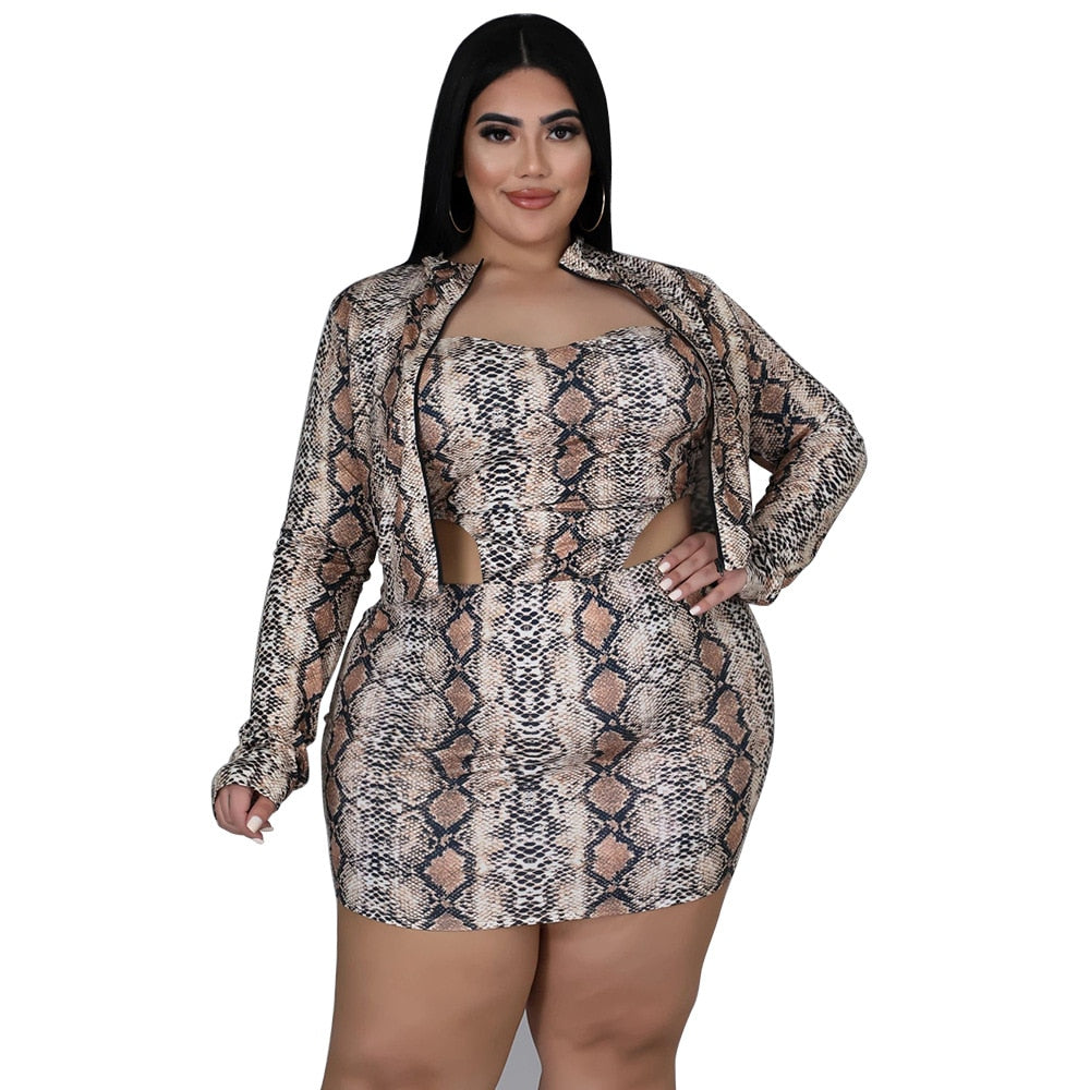 Plus Size Sexy Serpentine Print 3 Piece Sets Zipper Long Sleeve Cardigan Strapless Vest and Mini Skirts