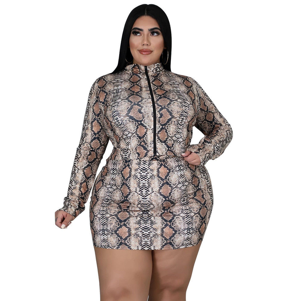 Plus Size Sexy Serpentine Print 3 Piece Sets Zipper Long Sleeve Cardigan Strapless Vest and Mini Skirts