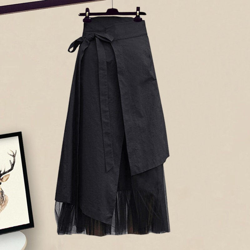 Patchwork Long Sleeve Tops + Asymmetric Skirt 2 Piece Suit
