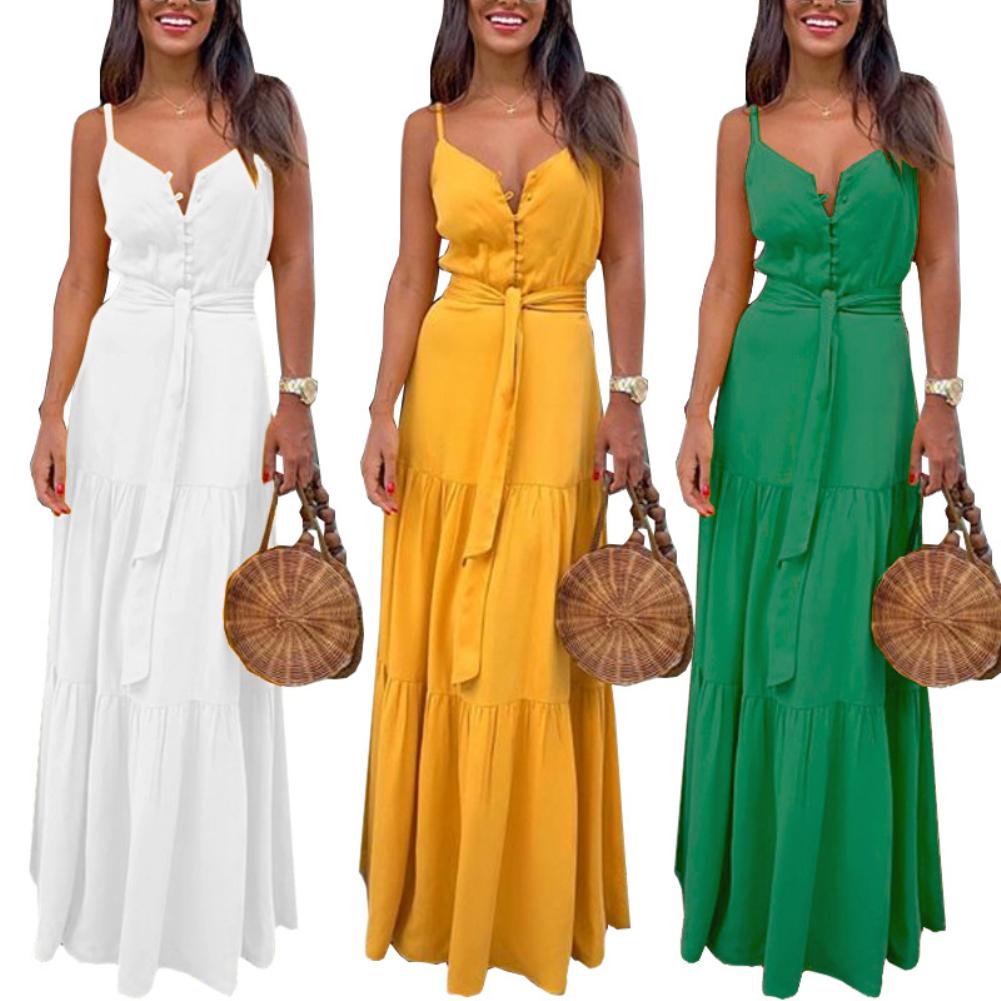 Bohemian Sleeveless V-neck Solid Sleeveless Belted Maxi Dress