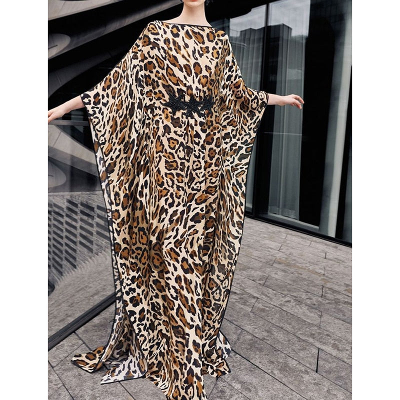Plus size Boho Leopard Print Maxi Dress Beach Cover up