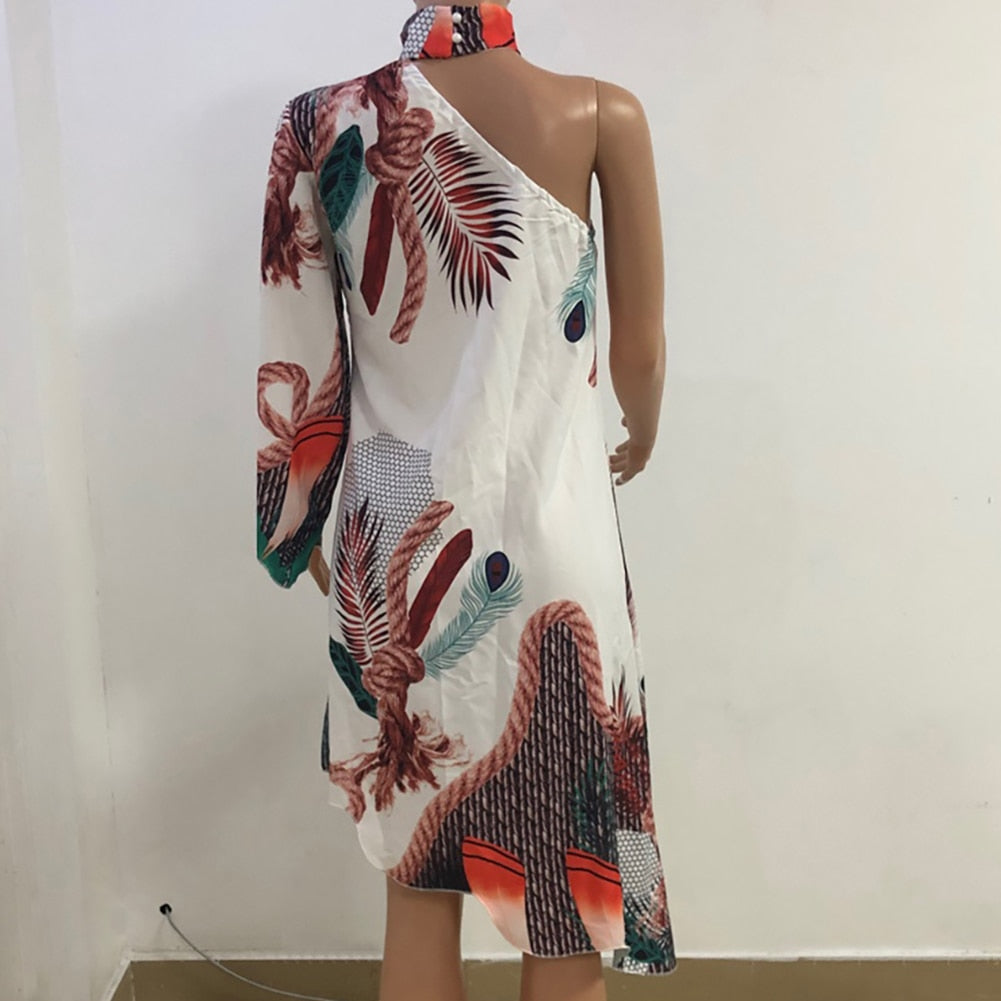 Fashion Choker Peacock Print One Shoulder Dress