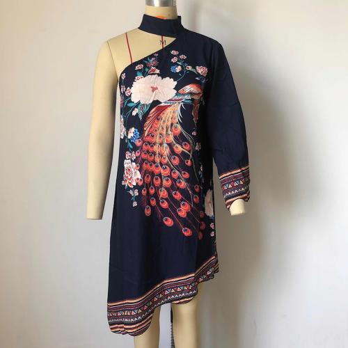 Fashion Choker Peacock Print One Shoulder Dress