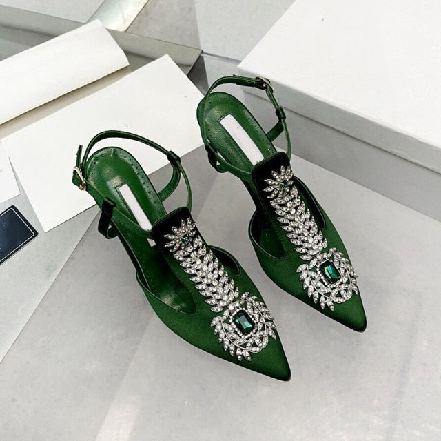 Summer  Rhinestone Square Buckle High-Heeled Satin Roman Shoes