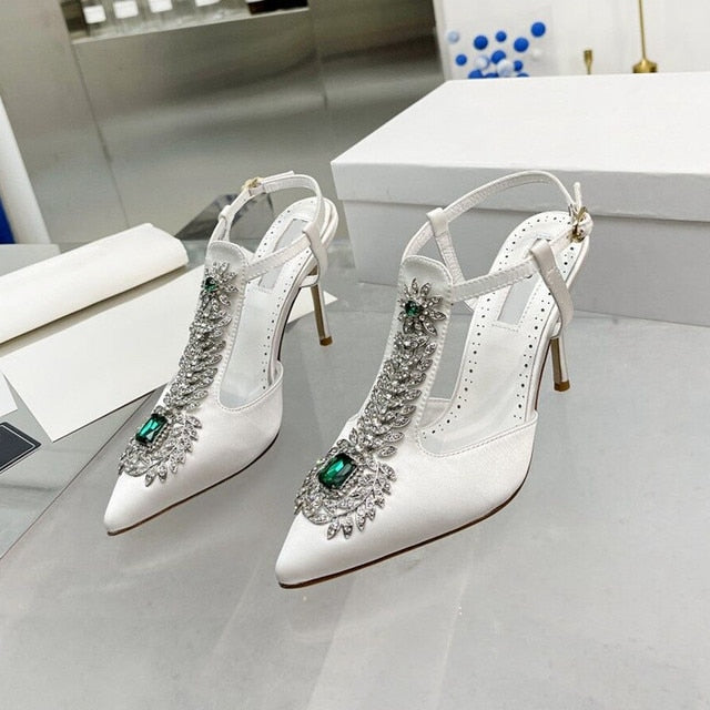 Summer  Rhinestone Square Buckle High-Heeled Satin Roman Shoes