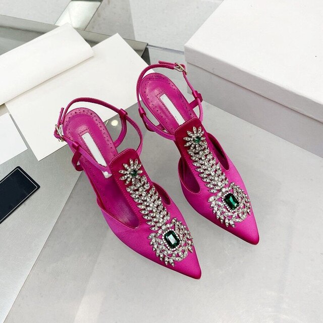 Summer  Rhinestone Square Buckle High-Heeled Satin Roman Shoes