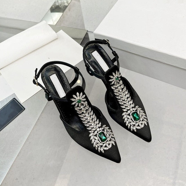 Summer  Rhinestone Square Buckle High-Heeled Satin Roman Shoes