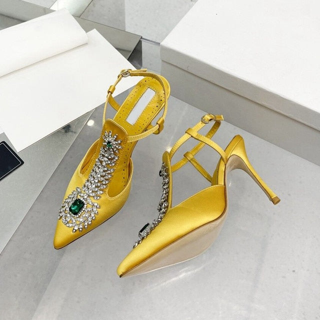 Summer  Rhinestone Square Buckle High-Heeled Satin Roman Shoes