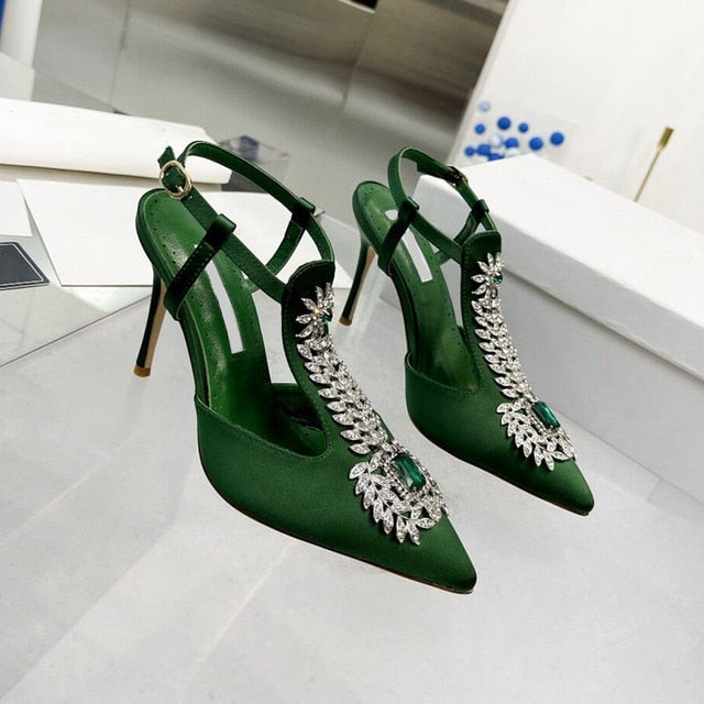 Summer  Rhinestone Square Buckle High-Heeled Satin Roman Shoes