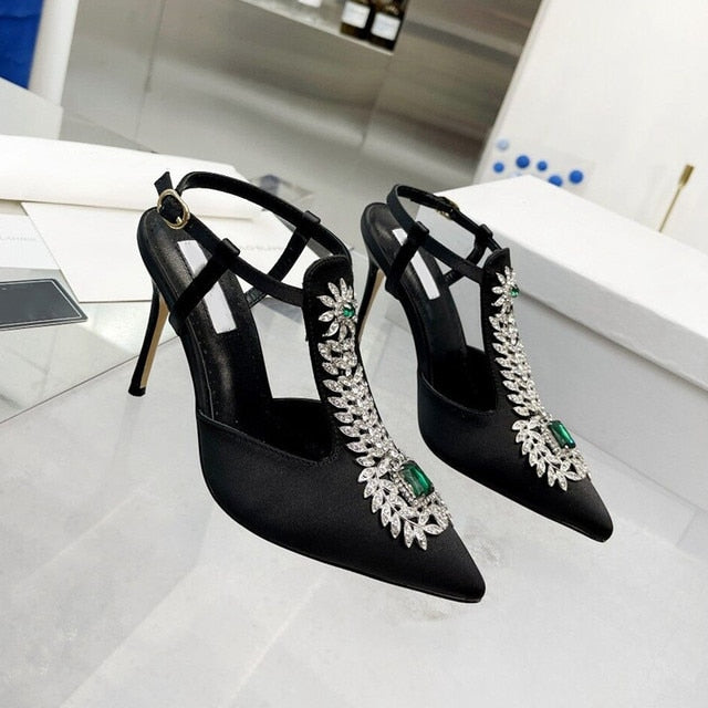 Summer  Rhinestone Square Buckle High-Heeled Satin Roman Shoes