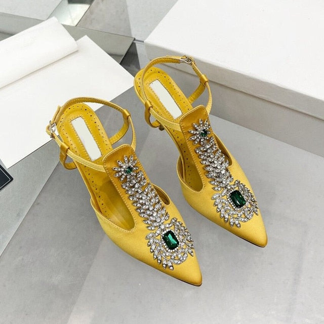 Summer  Rhinestone Square Buckle High-Heeled Satin Roman Shoes