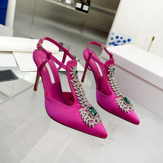 Summer  Rhinestone Square Buckle High-Heeled Satin Roman Shoes