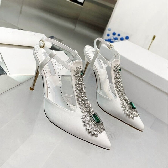 Summer  Rhinestone Square Buckle High-Heeled Satin Roman Shoes