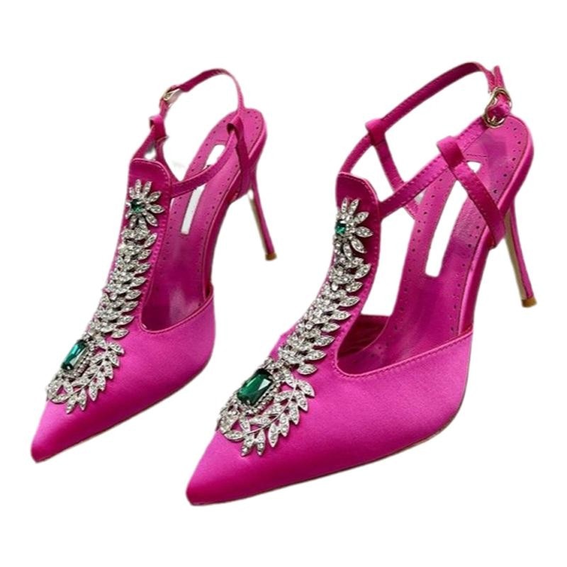 Summer  Rhinestone Square Buckle High-Heeled Satin Roman Shoes