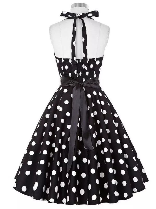 Going out Vintage A Line Dress - Polka Dot Halter Neck