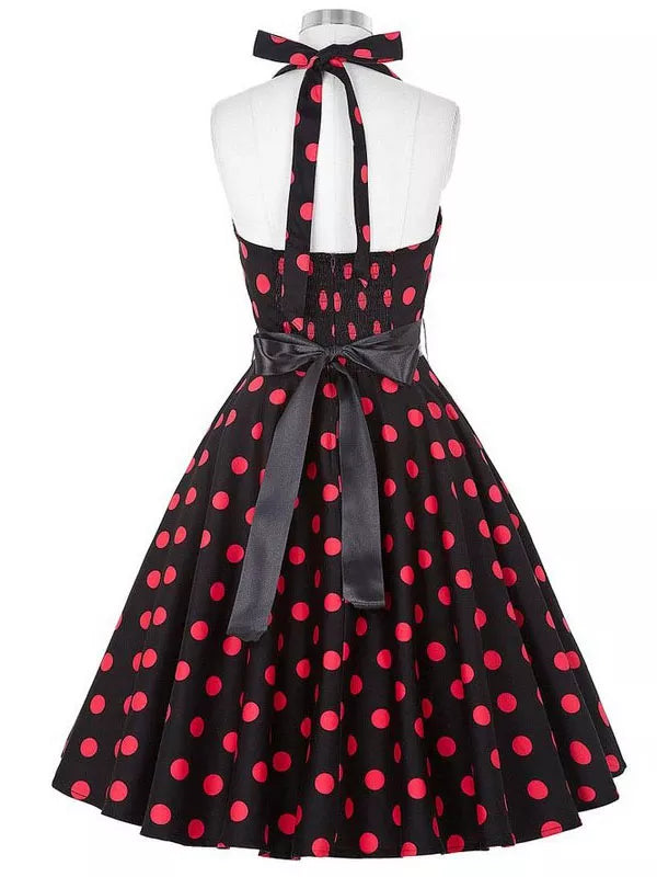 Going out Vintage A Line Dress - Polka Dot Halter Neck