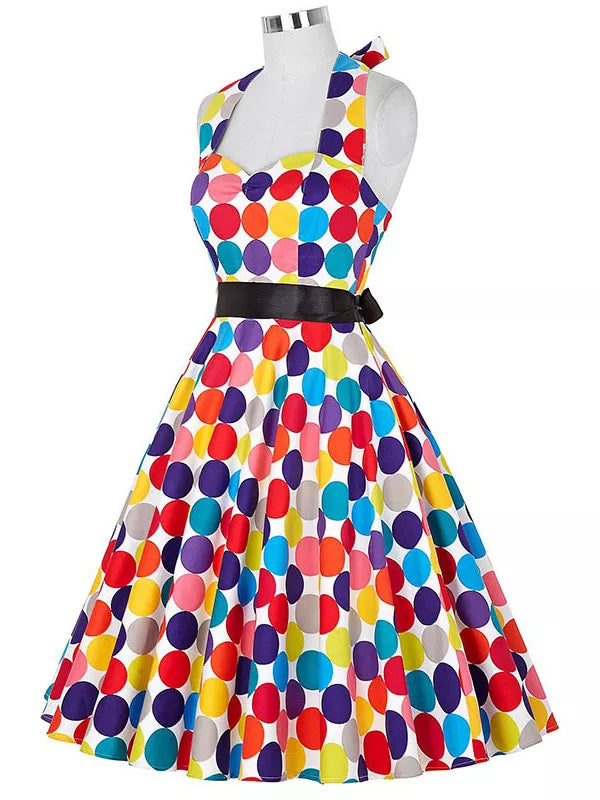 Going out Vintage A Line Dress - Polka Dot Halter Neck