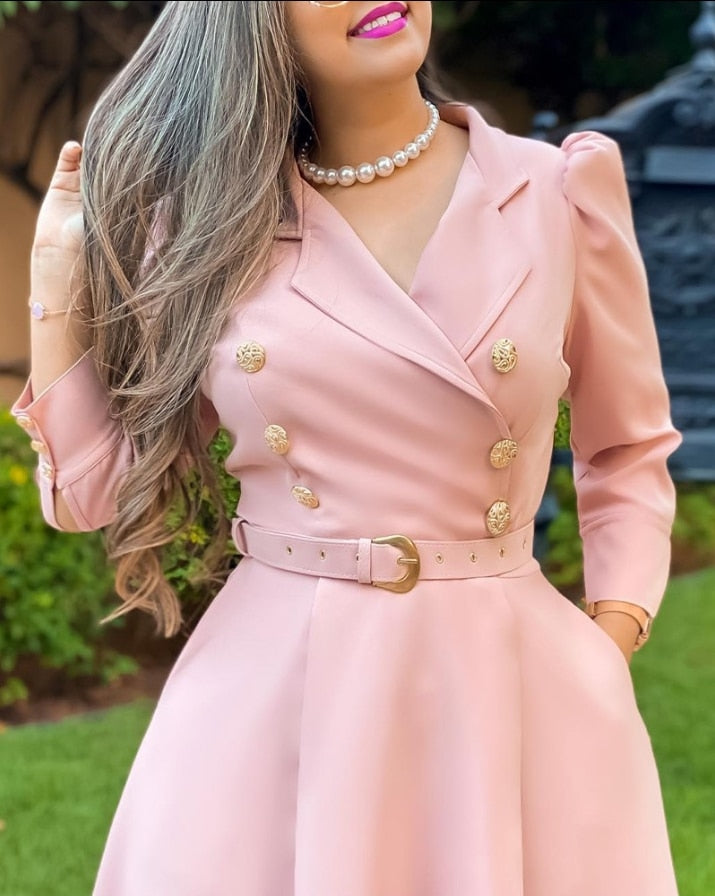 Puff Sleeve Double Breasted Belted Blazer Dress