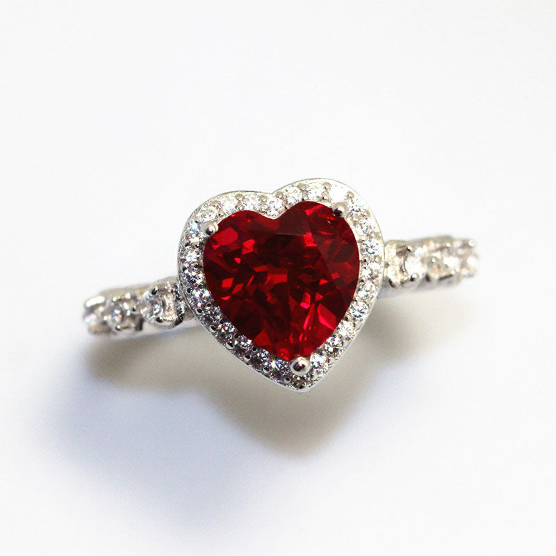 Red Ruby Heart Shape Gemstone Sterling 925 Silver Wedding Rings For Women