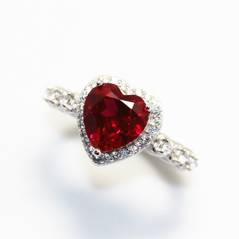 Red Ruby Heart Shape Gemstone Sterling 925 Silver Wedding Rings For Women