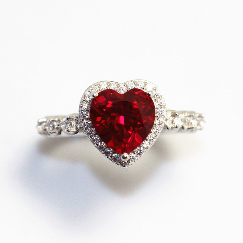 Red Ruby Heart Shape Gemstone Sterling 925 Silver Wedding Rings For Women