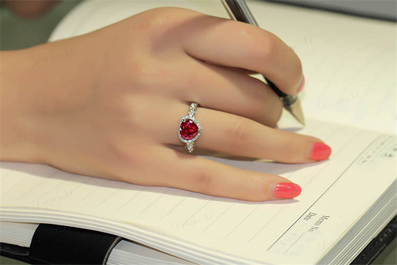 Red Ruby Heart Shape Gemstone Sterling 925 Silver Wedding Rings For Women