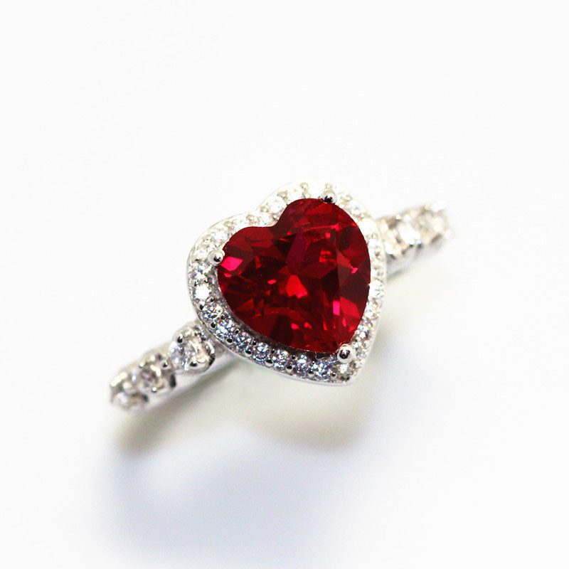 Red Ruby Heart Shape Gemstone Sterling 925 Silver Wedding Rings For Women
