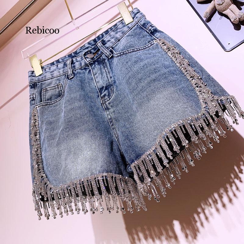 Rhinestone Fringed High Waist Denim Shorts