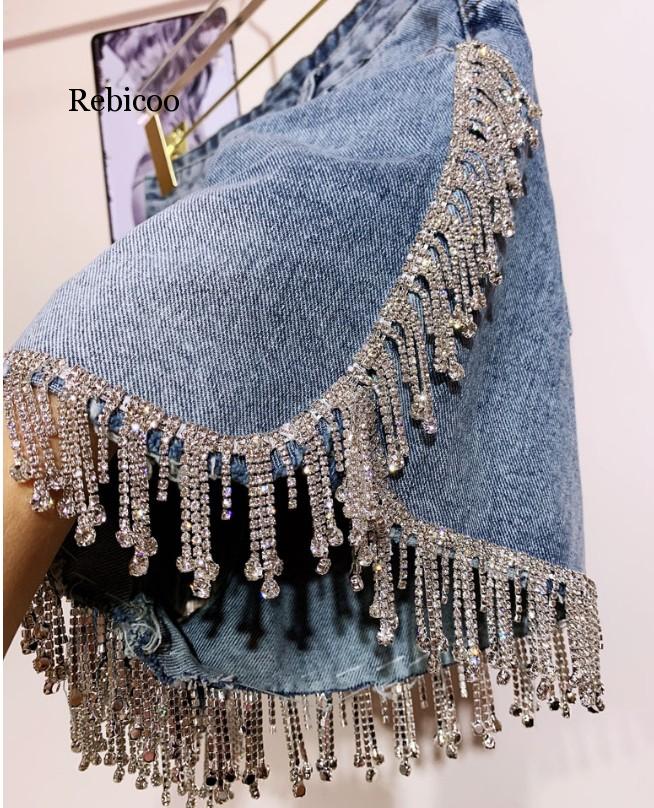 Rhinestone Fringed High Waist Denim Shorts