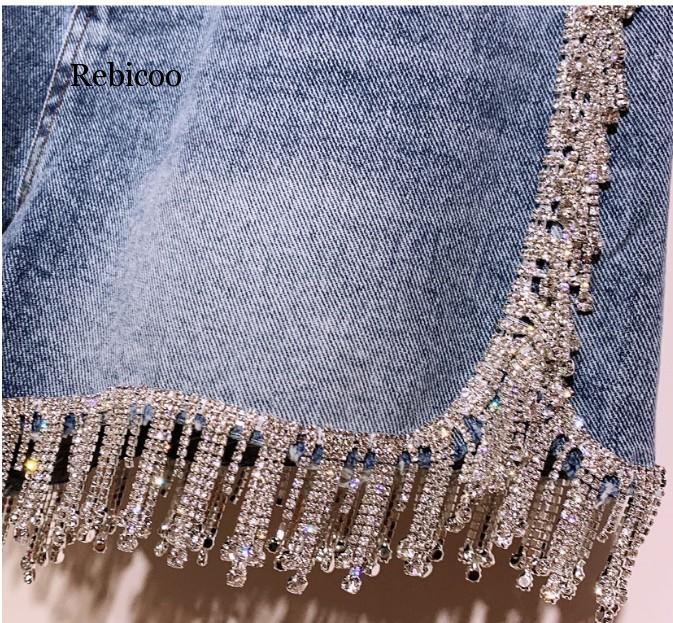 Rhinestone Fringed High Waist Denim Shorts