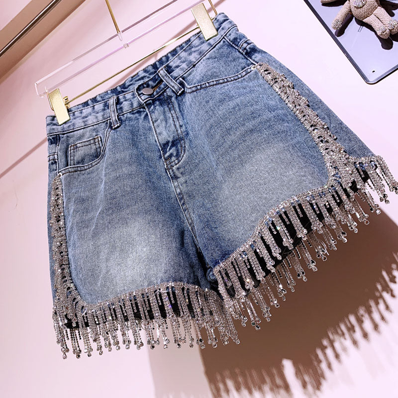 Rhinestone Fringed High Waist Denim Shorts