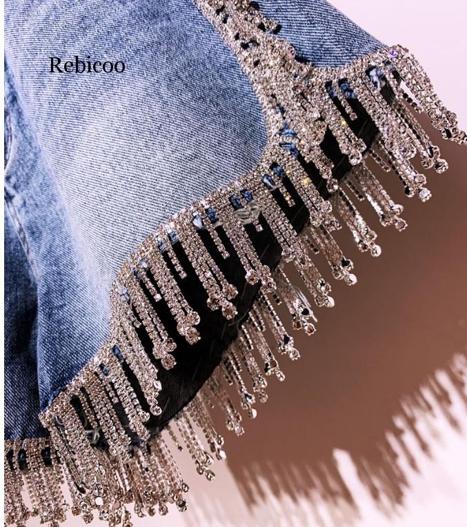 Rhinestone Fringed High Waist Denim Shorts