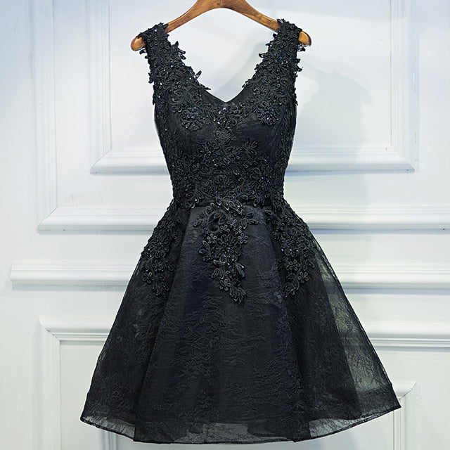 Short V-Neck Appliques Beading Lace Dress