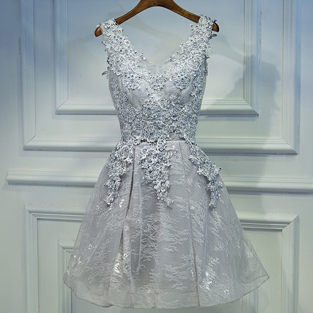 Short V-Neck Appliques Beading Lace Dress