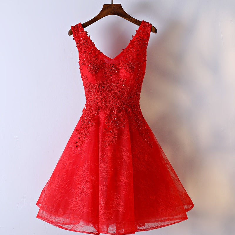 Short V-Neck Appliques Beading Lace Dress