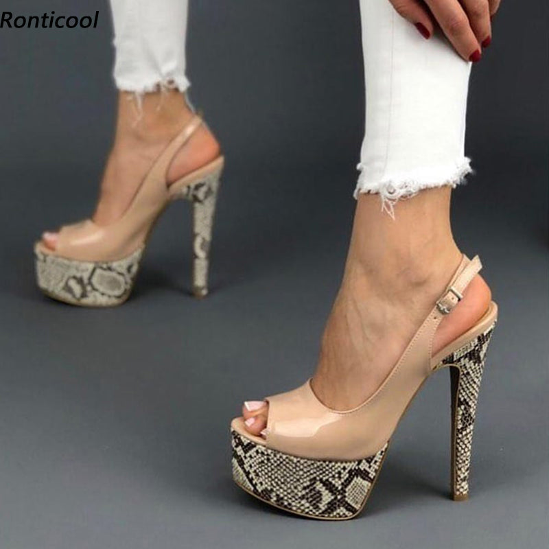 Handmade Women Peep Toe Snake Pattern Stiletto Heels