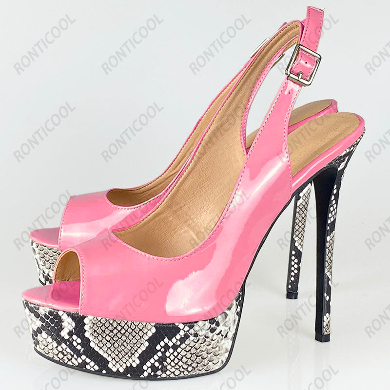 Handmade Women Peep Toe Snake Pattern Stiletto Heels