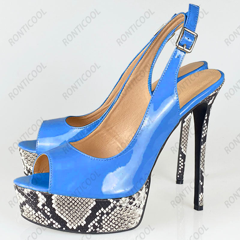 Handmade Women Peep Toe Snake Pattern Stiletto Heels