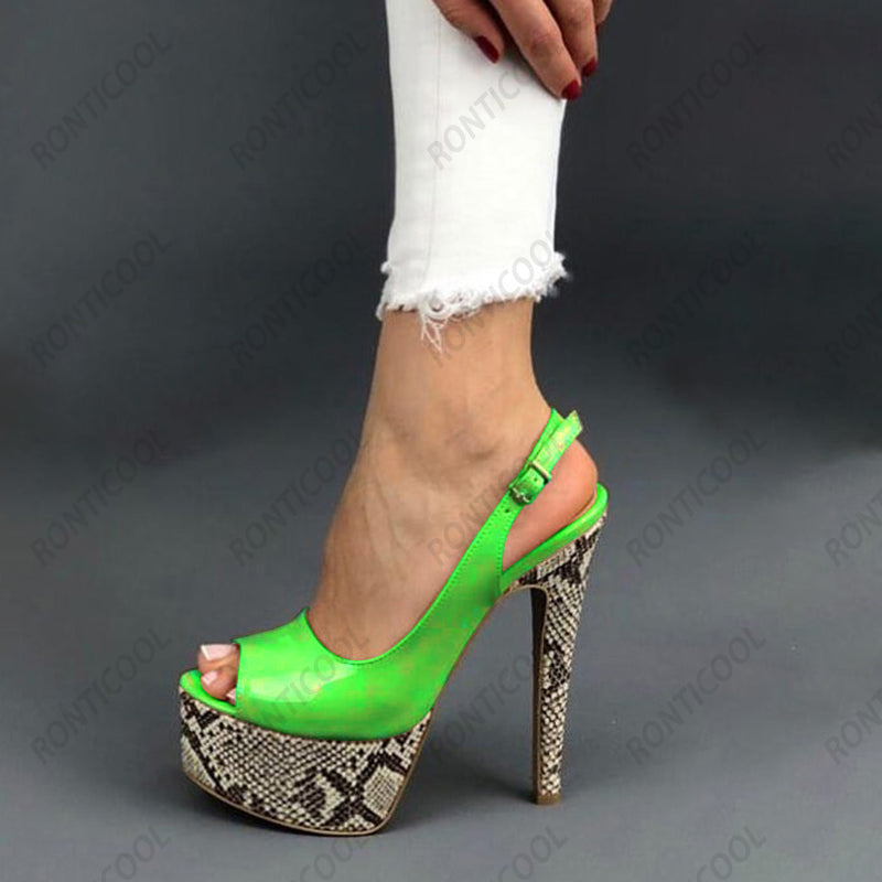 Handmade Women Peep Toe Snake Pattern Stiletto Heels