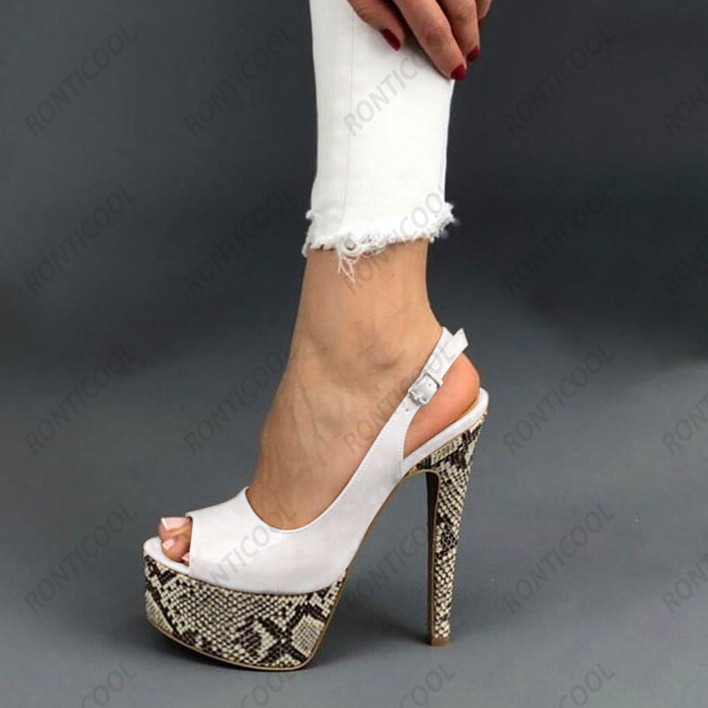 Handmade Women Peep Toe Snake Pattern Stiletto Heels