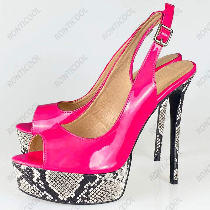 Handmade Women Peep Toe Snake Pattern Stiletto Heels