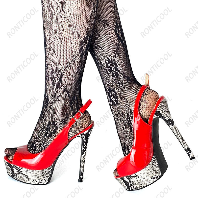 Handmade Women Peep Toe Snake Pattern Stiletto Heels